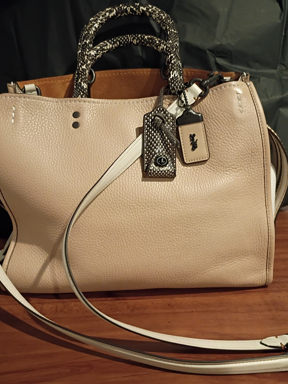 Coach Pebbled Leather Tote Bag in Light Beige with Contrast Handles
